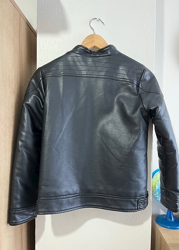 11-12 Yaş Beden Erkek Çocuk Siyah Deri Biker Ceket