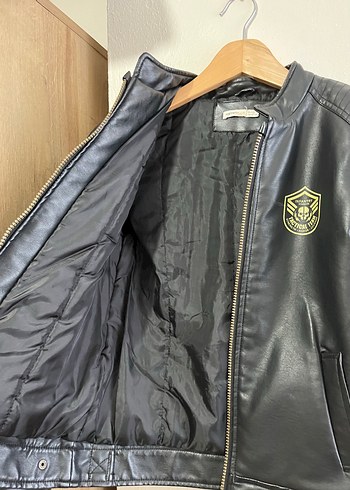 11-12 Yaş Beden siyah Renk Erkek Çocuk Siyah Deri Biker Ceket