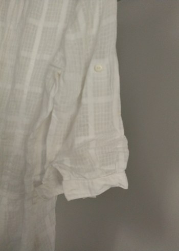 Düğmeli Kısa Kollu Beyaz Keten Gömlek - Görsel 2