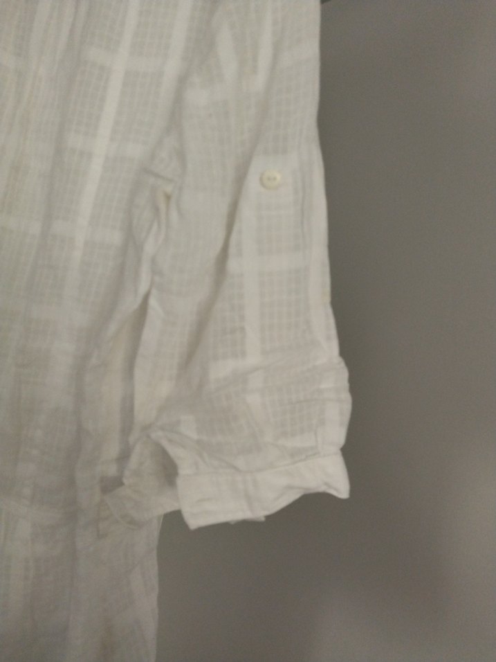 Düğmeli Kısa Kollu Beyaz Keten Gömlek - Görsel 2