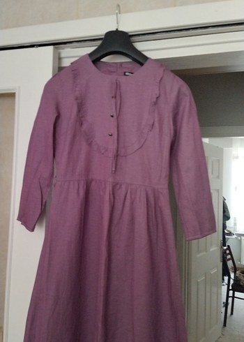 Düğmeli Uzun Kollu Mor Keten Elbise 11/12 yas elbise - Görsel 2