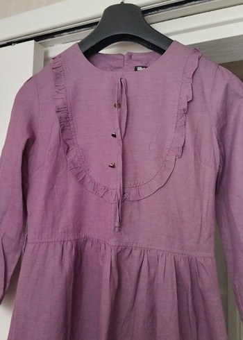 Düğmeli Uzun Kollu Mor Keten Elbise 11/12 yas elbise - Görsel 3