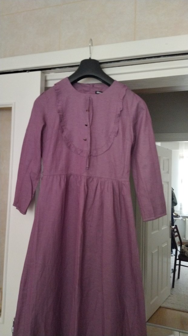 Düğmeli Uzun Kollu Mor Keten Elbise 11/12 yas elbise - Görsel 2