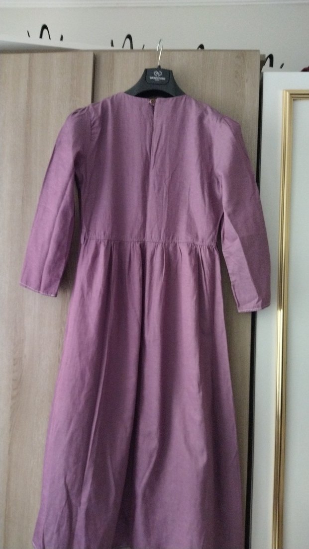 Düğmeli Uzun Kollu Mor Keten Elbise 11/12 yas elbise - Görsel 5