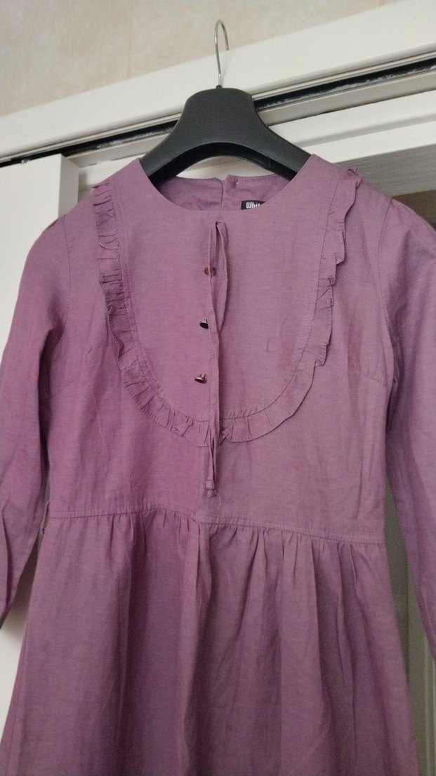 Düğmeli Uzun Kollu Mor Keten Elbise 11/12 yas elbise - Görsel 3