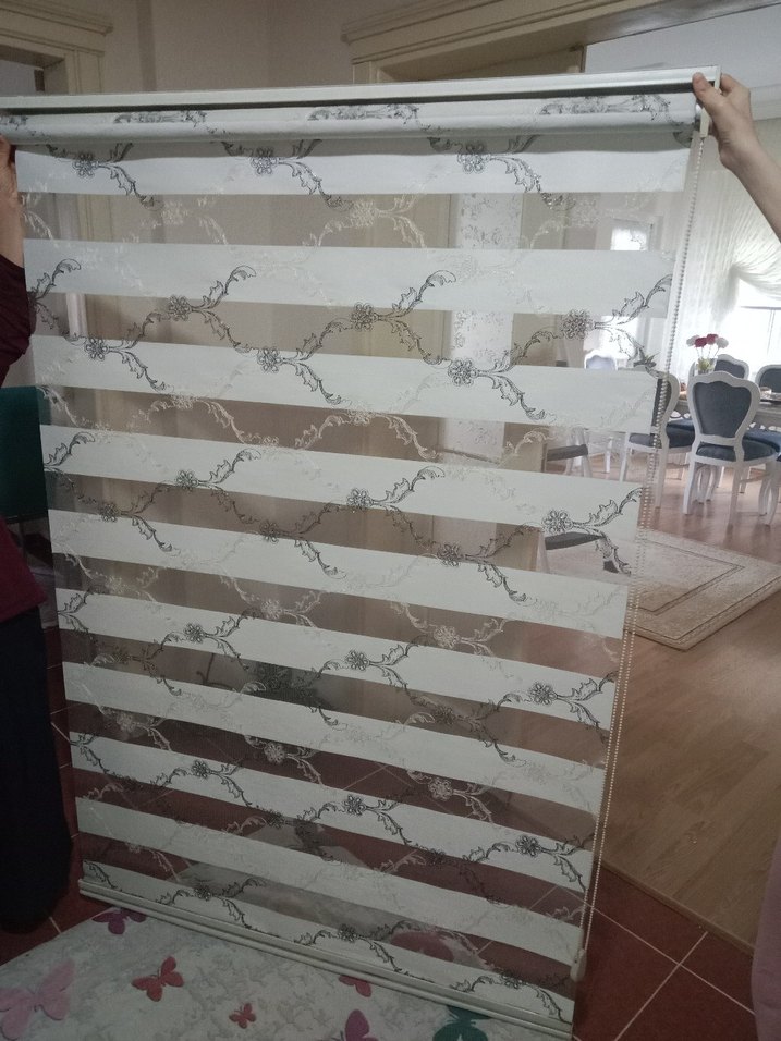 Beyaz Gri Desenli stor Perde 120x 200cm - Görsel 3