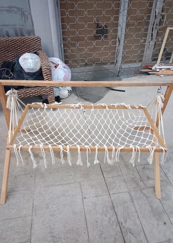 Ahşap Ayaklı Beyaz Beşik Hamak - Görsel 3