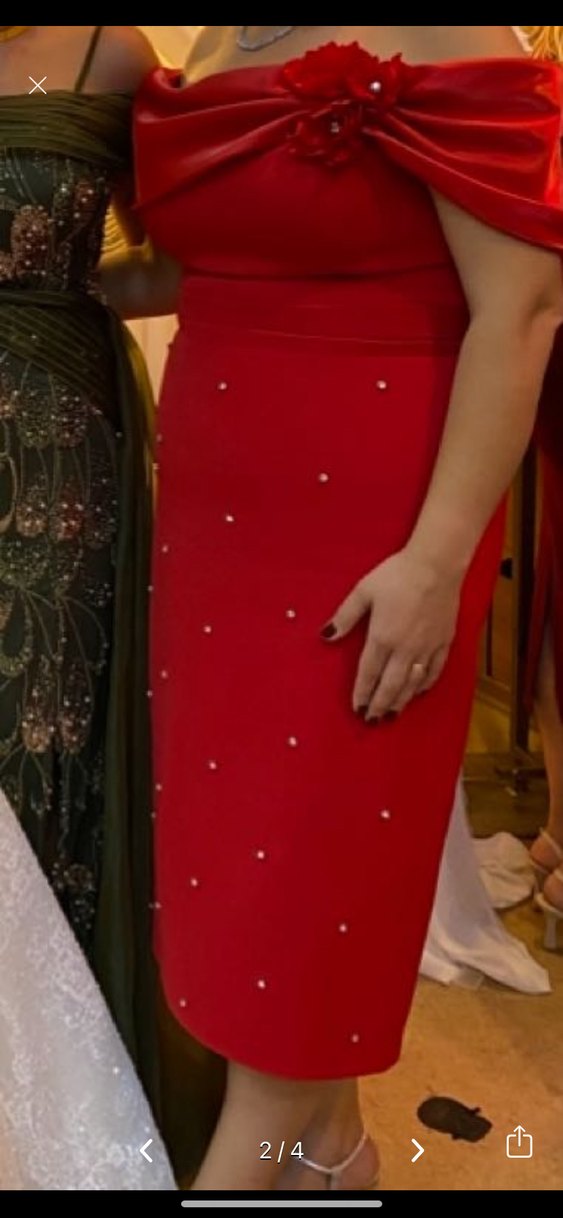 İnci İşlemeli Kırmızı Uzun Kalem Elbise - Görsel 2