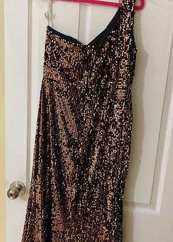 Tek omuz bakır payetli abiye  Uzun Abiye - Görsel 5