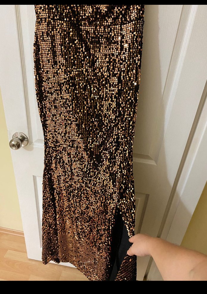 Tek omuz bakır payetli abiye  Uzun Abiye - Görsel 4