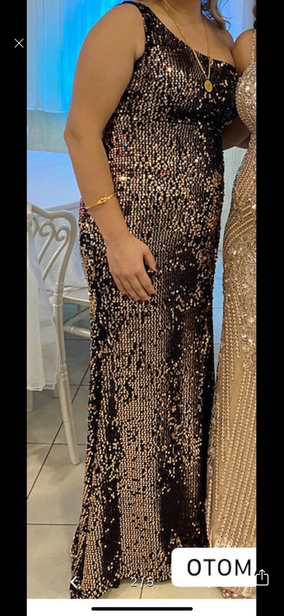 Tek omuz bakır payetli abiye  Uzun Abiye - Görsel 2