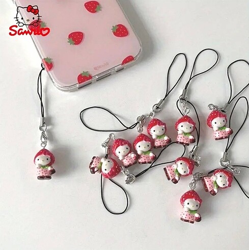 çilekli hello kitty telefon charmları