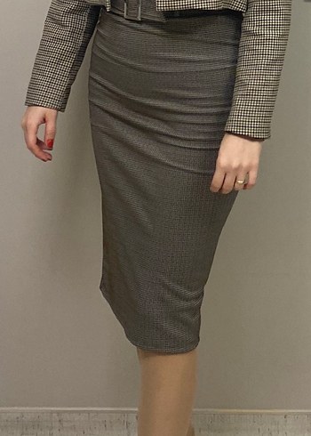 Kemerli Dizaltı  kahverengi ekoseli Kadın kalem etek - Görsel 3