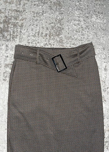 Kemerli Dizaltı  kahverengi ekoseli Kadın kalem etek - Görsel 5