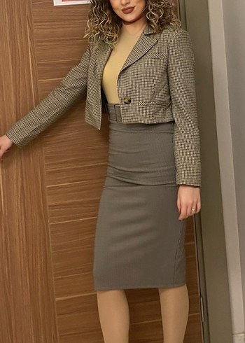 Kemerli Dizaltı  kahverengi ekoseli Kadın kalem etek - Görsel 2