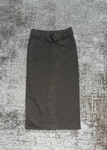 Kemerli Dizaltı  kahverengi ekoseli Kadın kalem etek - Görsel 4