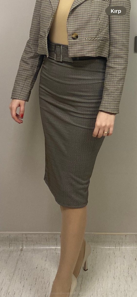 Kemerli Dizaltı  kahverengi ekoseli Kadın kalem etek - Görsel 3