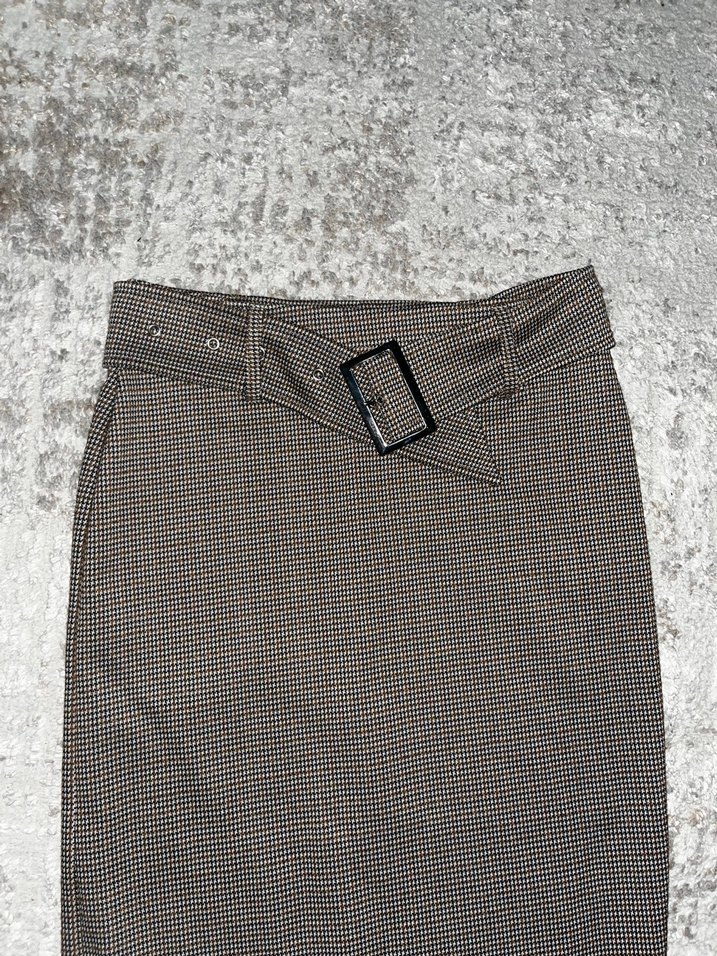 Kemerli Dizaltı  kahverengi ekoseli Kadın kalem etek - Görsel 5