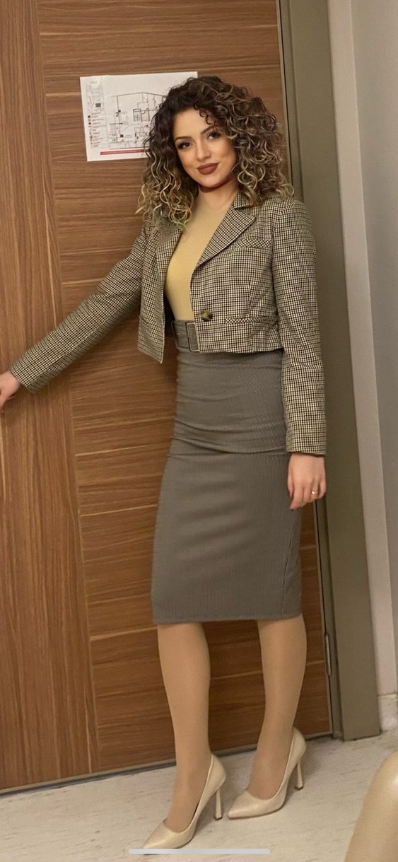 Kemerli Dizaltı  kahverengi ekoseli Kadın kalem etek - Görsel 2