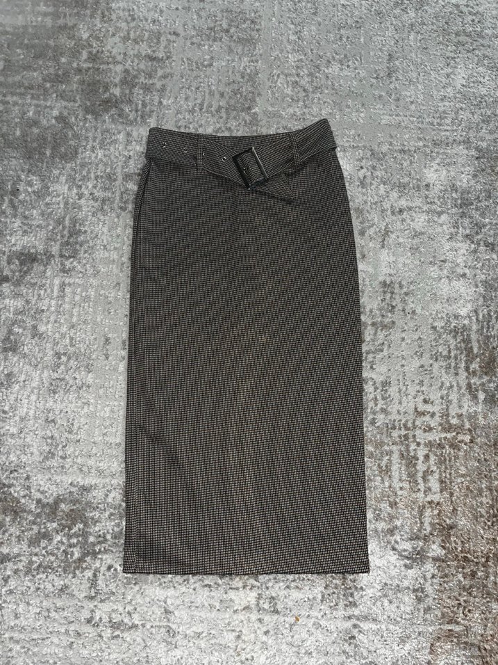 Kemerli Dizaltı  kahverengi ekoseli Kadın kalem etek - Görsel 4