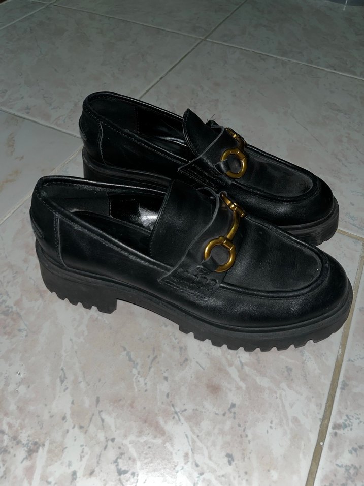 Siyah Deri Tokalı Platform Topuklu Kadın Loafer - Görsel 2