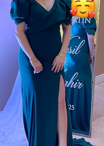 Yeşil haki uzun yırtmaçlı kuyruklu Abiye Elbise - Görsel 12