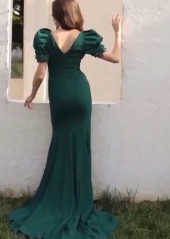 Yeşil haki uzun yırtmaçlı kuyruklu Abiye Elbise - Görsel 8