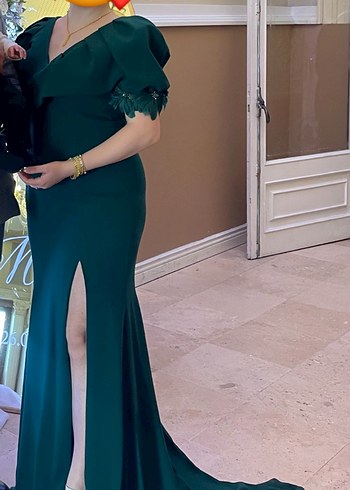 Yeşil haki uzun yırtmaçlı kuyruklu Abiye Elbise - Görsel 9