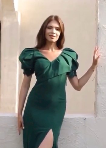 Yeşil haki uzun yırtmaçlı kuyruklu Abiye Elbise - Görsel 7