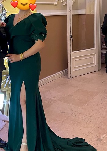 Yeşil haki uzun yırtmaçlı kuyruklu Abiye Elbise - Görsel 10