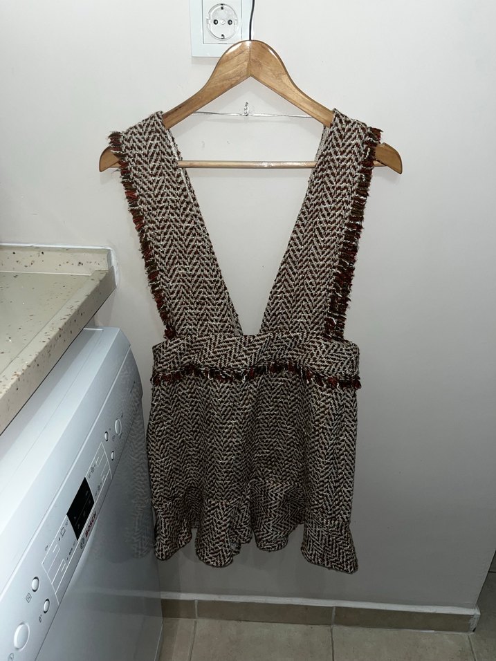 Koton Bohem Mini Örme Kahverengi ekoseli Elbise - Görsel 2