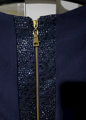 İnci Detaylı Lacivert Uzun Kollu taşlı Abiye Elbise - Görsel 6