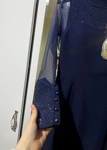 İnci Detaylı Lacivert Uzun Kollu taşlı Abiye Elbise - Görsel 3