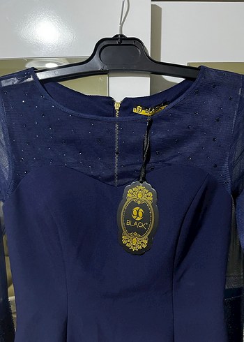 İnci Detaylı Lacivert Uzun Kollu taşlı Abiye Elbise - Görsel 2