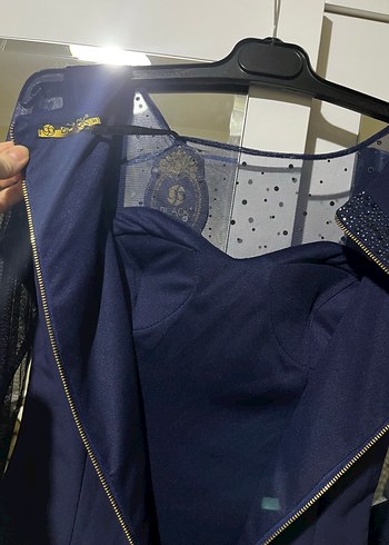 İnci Detaylı Lacivert Uzun Kollu taşlı Abiye Elbise - Görsel 7