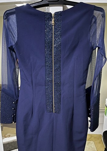İnci Detaylı Lacivert Uzun Kollu taşlı Abiye Elbise - Görsel 5