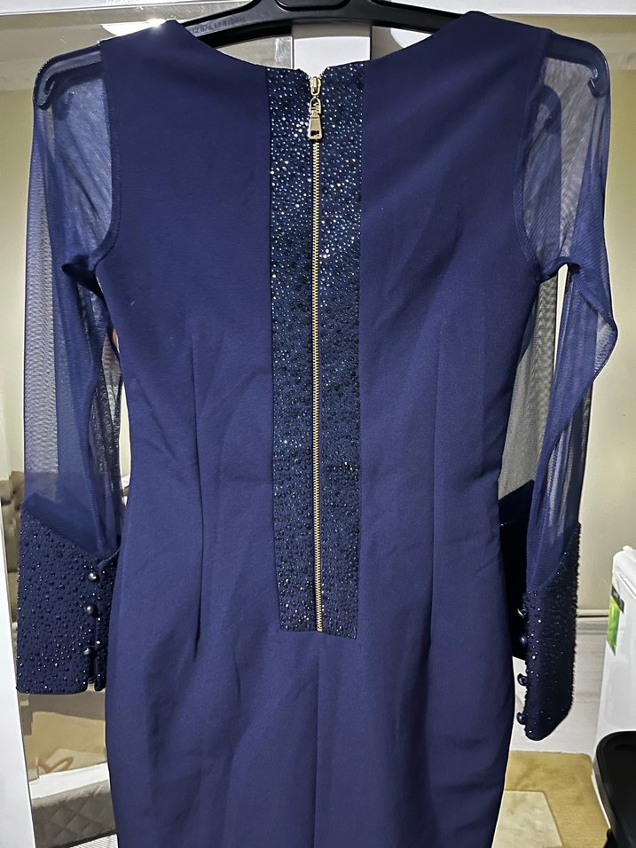 İnci Detaylı Lacivert Uzun Kollu taşlı Abiye Elbise - Görsel 5