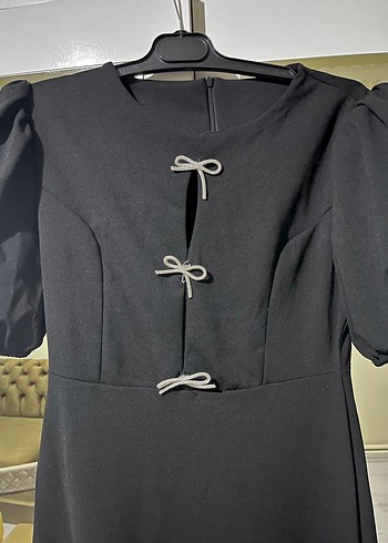 Siyah Parlak Midi Kadın elbise - Görsel 3