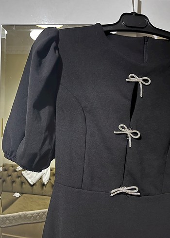 Siyah Parlak Midi Kadın elbise - Görsel 4