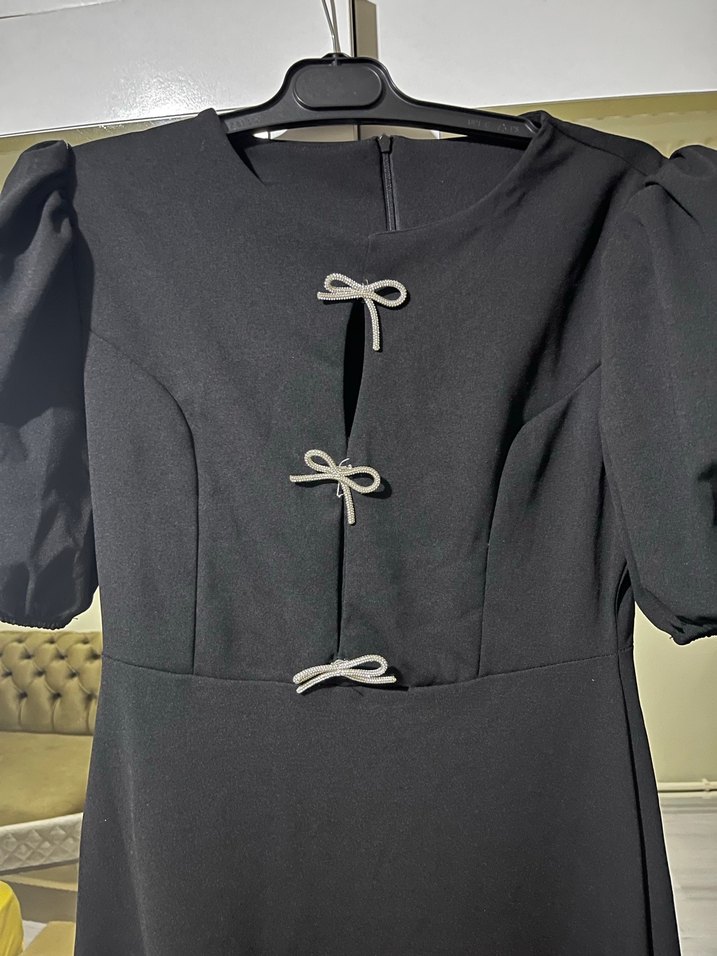 Siyah Parlak Midi Kadın elbise - Görsel 3