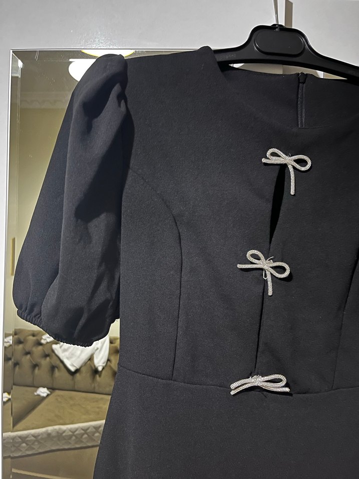 Siyah Parlak Midi Kadın elbise - Görsel 4