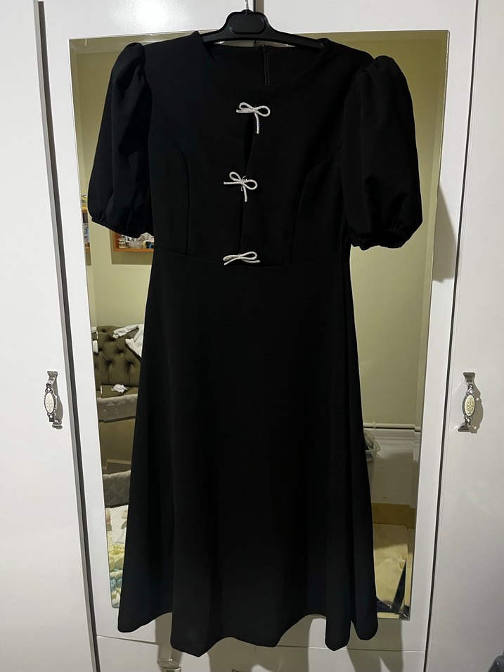 Siyah Parlak Midi Kadın elbise - Görsel 2