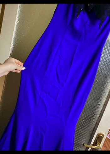 Saks Mavisi Drapeli Uzun Abiye Elbise - Görsel 5