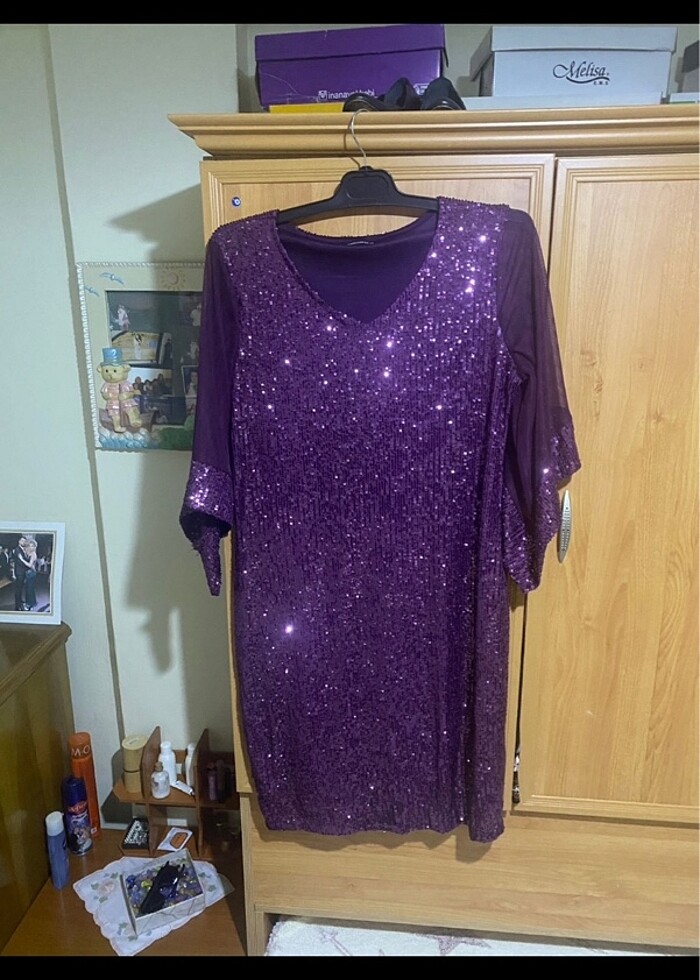 Pul payet patlıcan moru büyük beden abiye - Görsel 2