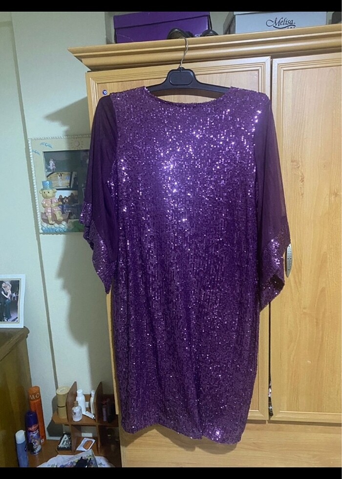 Pul payet patlıcan moru büyük beden abiye - Görsel 3