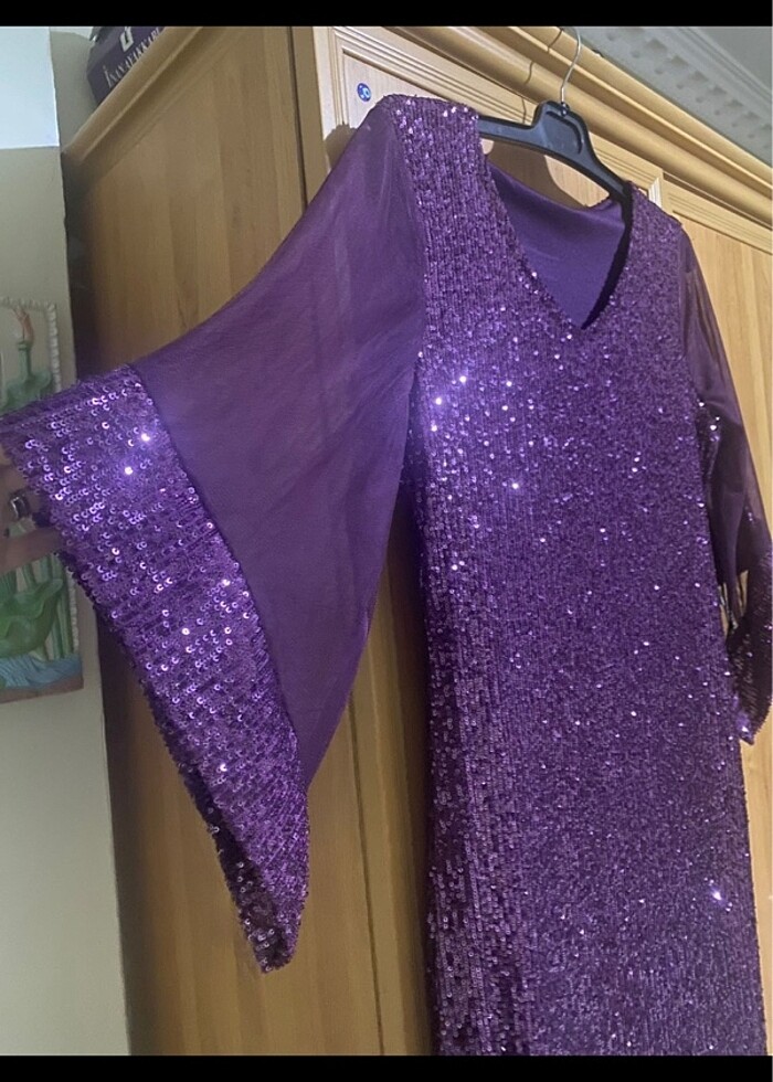 Pul payet patlıcan moru büyük beden abiye - Görsel 5