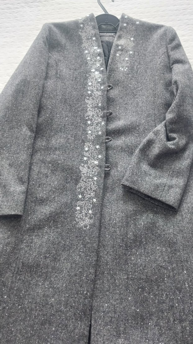 Düğmeli İşlemeli Gri Kadın Uzun ceket - Görsel 2