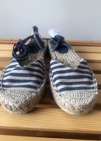 Kadın Mavi Çizgili Hasır Dolgu Topuk Espadril - Görsel 8