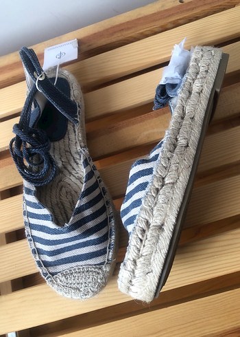 Kadın Mavi Çizgili Hasır Dolgu Topuk Espadril - Görsel 9