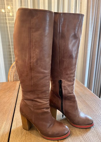Hotiç Marka Taba Deri Diz Boyu Topuklu  Kadın Çizme - Görsel 3